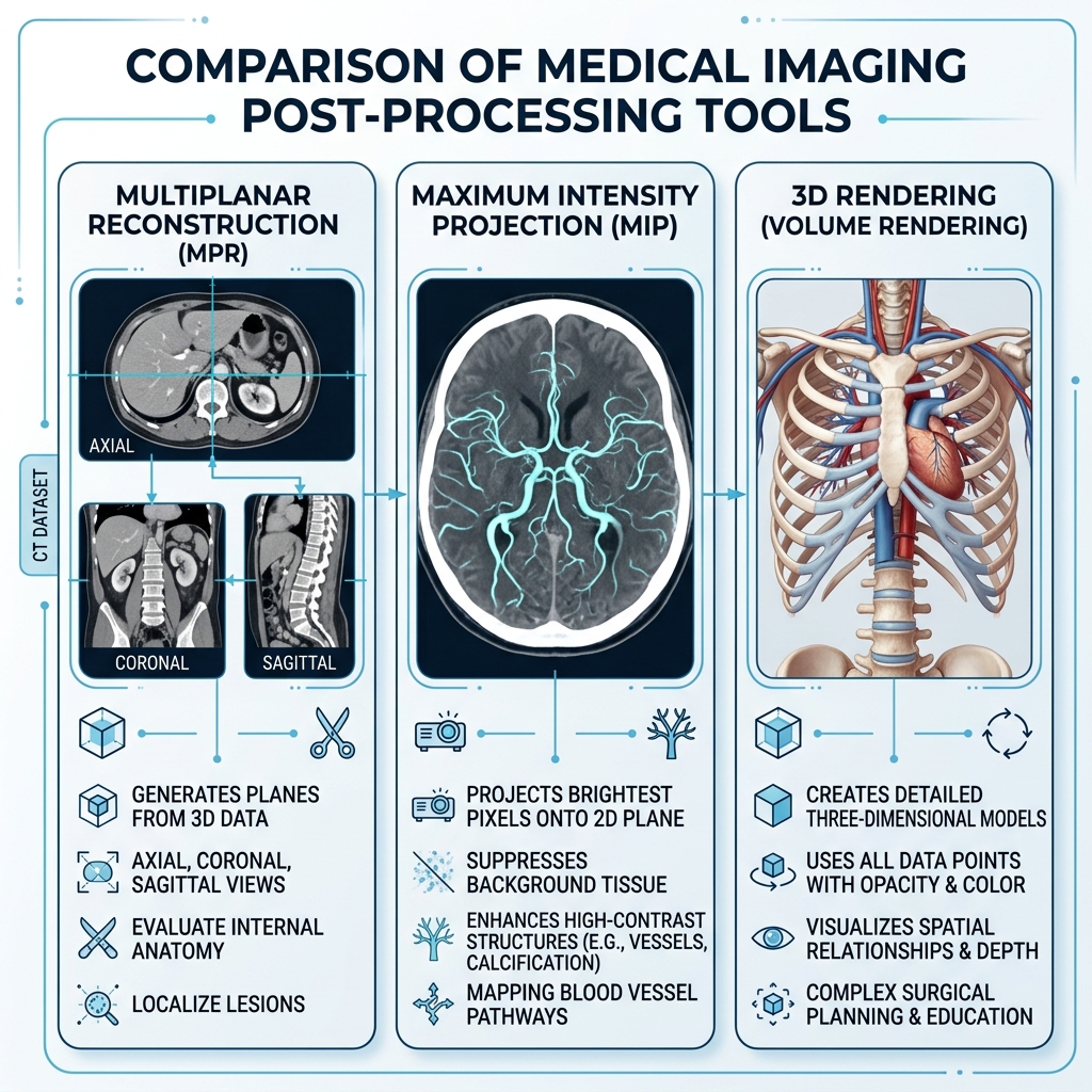 Vergleich von MPR-, MIP- und 3D-Rendering-Tools in der fortgeschrittenen DICOM-Bildgebung - PostDICOM